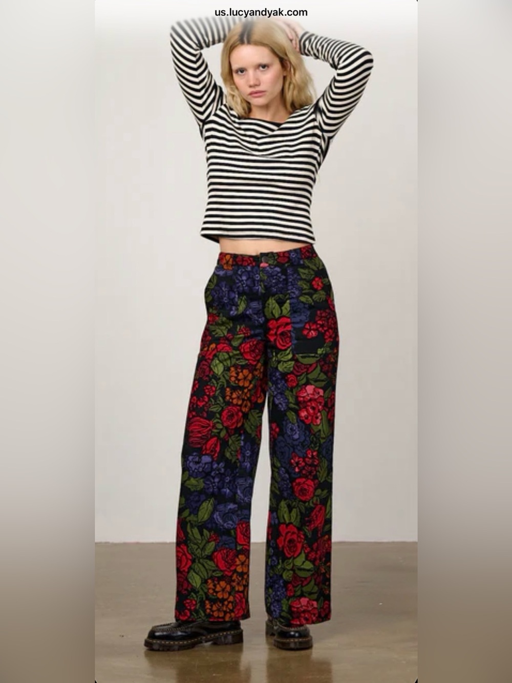 Lucy & Yak Black Floral Wide Leg Pants with Red, Purple & Green